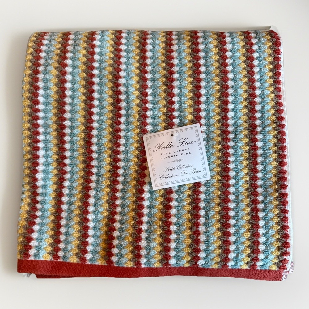 (2) Bella Lux Jacquard Chevron Bath Towel Textured Stripe Aqua Rust Mustard‎ New